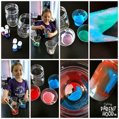 the collage shows different stages of mixing liquid in plastic cups and then pouring them into bowls