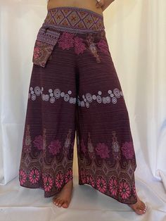 "Waist: Approx.19\" to 38\" Hips: Approx. 19\" to 38\" Length: Approx.37\" Material : 100% Organic cotton This Cotton Plazzo Pant with Hand Embroidery has the adjustable waist with elastic and fits most sizes and is perfect for practising yoga , dancing and can be dressed up. The embroidery on the top can be little different as it is hand embroidery. WE GLADLY ACCEPT FREE RETURNS" Hippie Style Brown Bottoms For Festival, Bohemian Brown Cotton Pants, Brown Hippie Bottoms For Festival, Hippie Style Brown Festival Bottoms, Bohemian Non-stretch Bottoms With Boho Print, Bohemian Brown Pants With Pockets, Brown Bohemian Pants For Festival, Bohemian Brown Pants For Festival, Brown Hippie Pants With Pockets