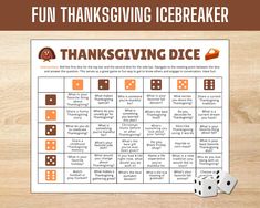 a thanksgiving dice game with the words fun thanksgiving icebreaker