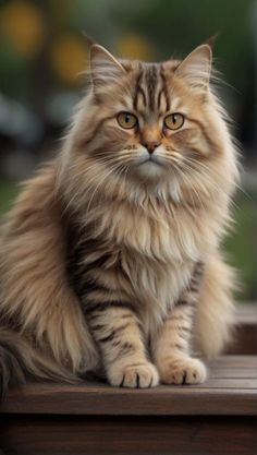 a fluffy cat sitting on top of a wooden table