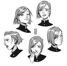 some sketches of people with different hair styles and facial expressions on their faces, from the side view to the back