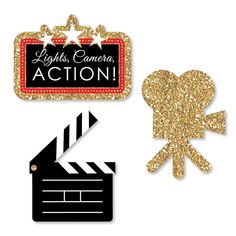 some gold glittered items are next to a black and white film clapper with the words lights, camera, action