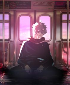 an anime character sitting on a train looking out the window at the sunset or sunrise