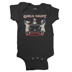 This cute goth witch infant bodysuit is perfect for fans of Halloween and the occult. Our supernatural illustration depicts a coven of little witches casting spells and performing rituals over a pentagram and cauldron. Show off this infant bodysuit at your next witchcraft night or horror movie marathon.Bodysuit Info: pre-shrunk, baby soft, combed ringspun cotton hand printed in the USA with eco-friendly water-based inks Reinforced three-snap closure Our soft ringspun cotton infant bodysuits feat Emo Baby Clothes, Goth Baby Clothes, Dark Nursery, Night Witches, Punk Baby, Gothic Baby, Hippie Baby, Goth Baby, Cute Goth