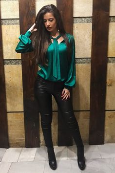 Elegant Tie Neck Top For Night Out, Elegant Green Workwear Shirt, Elegant Green Shirt For Workwear, Satin Long Sleeve Top For Office, Classic Satin Blouse For Night Out, Satin Tie Neck Top For Workwear, Elegant Green Blouse For Party, Fitted Satin Tie Neck Top, Chic Satin Tops For Office Wear