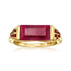 Ross-Simons - 6.00ct Ruby, .50ct t. w. Garnet Ring in 18kt Gold Over Sterling. Size 5. Embolden any outfit with the impactful look of a new statement ring - it works like a charm every time! This unique design presents a 6.00 carat ruby baguette between fiery trios of .50 ct. t. w. round garnets. Crafted in 18kt yellow gold over sterling silver. 1/4" wide. Garnet and ruby ring. Garnet birthstones are the perfect gift for January birthdays. Ruby Ring Designs, Garnet Stone Ring, Garnet Wedding Rings, Ruby Wedding Rings, Garnet Wedding, Garnet Birthstone, January Birthday, Garnet Ring, Ruby Stone