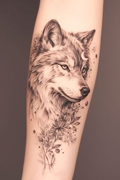 a black and white photo of a wolf with flowers on it's leg,