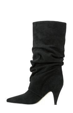 A slouchy shaft adds contemporary appeal to a supple suede boot balanced by a pointy toe and tapered heel. 2 3/4" heel 10 3/4" shaft Leather upper/textile and synthetic lining/synthetic sole Imported Chic Pointed Toe Heeled Boots With Suede Lining, Suede Mid-calf Boots With Pointed Toe And Reinforced Heel, Fall Suede Boots With Wrapped Heel, Suede Pointed Toe Heeled Boots For Evening, Suede High Ankle Heeled Boots For Evening, High Ankle Suede Heeled Boots For Evening, Evening High Ankle Suede Heeled Boots, Chic Suede Knee-high Boots With Reinforced Heel, Suede High Ankle Evening Boots