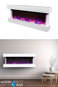 an electric fireplace that is built into the wall and has blue flames on it, along with