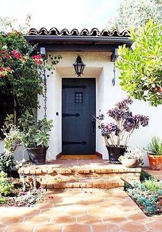 a black door in front of a white house with potted plants on the steps