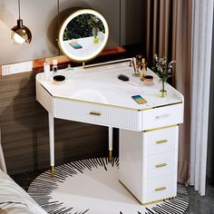 Modern Corner Vanity with Lighted Mirror, Large Size Corner Dresser, Makeup Dressing Table Makeup Table Ideas, Vanity With Lighted Mirror, Corner Vanity Table, L Shaped Vanity, Corner Dresser, Corner Makeup Vanity, Mid Century Dressing Table, Makeup Vanity With Drawers, Dresser Makeup