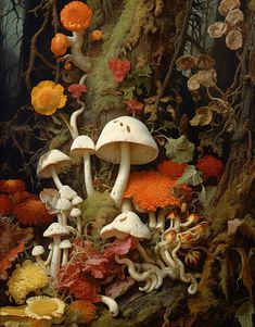 an image of mushrooms in the woods with leaves and flowers all around them on display