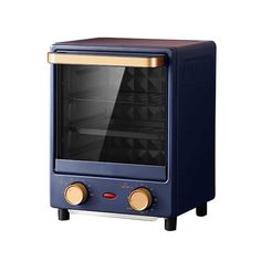 a blue toaster oven sitting on top of a counter