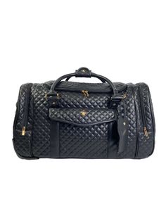 black quilted luxury style duffle bag with wheels from front Luxury Travel Shoulder Bag, Black Diamond Quilted Bag For Everyday Luxury, Black Diamond Quilted Luxury Bag, Luxury Shoulder Bag With Luggage Sleeve For Overnight Trips, Luxury Black Shoulder Bag With Diamond Quilting, Luxury Luggage For Overnight Trips, Quilted Black Bags For Everyday Luxury, Luxury Duffle Bag For Overnight Trips, Everyday Luxury Black Quilted Bag