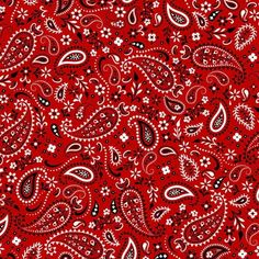 a red and black paisley print fabric with white flowers on the bottom, in an allover pattern