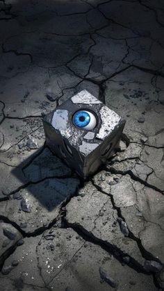 an evil looking object is in the middle of cracked ground, with blue eyes on it