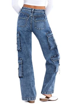 Classic cargo pockets give utilitarian appeal to these straight-leg jeans cut from soft low-stretch denim. 32" inseam; 22 1/2" leg opening; 11" front rise; 15" back rise Zip fly with button closure Front scoop pockets; coin pocket; back snap-flap patch pockets; cargo flap-bellows pockets 95% cotton, 4% polyester, 1% spandex Machine wash, tumble dry Imported Fitted Denim Cargo Jeans With Patch Pockets, Blue Straight Leg Utility Cargo Jeans, Fitted Dark Wash Cargo Pants In Utility Style, Fitted Dark Wash Cargo Jeans With Multiple Pockets, Fitted Utility Cargo Pants In Dark Wash, Fitted Dark Wash Utility Cargo Pants, Fitted Utility Jeans With Patch Pockets, Fitted Straight Leg Denim Blue Cargo Jeans, Dark Wash Denim Flare Jeans With Multiple Pockets