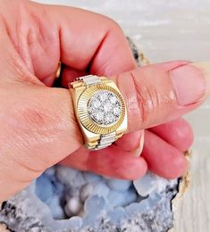 What a unique treasure! Make a bold statement with this classic ring.  This item was purchased in the 1970's, the date it was made is unknown. This is a vintage Men's Rolex Presidential Style Statement Ring in Solid14k Two-Tone Yellow/White Gold. It has 7 Natural Brilliant cut Diamonds totaling 1ct (0.96ct) Diamond Clarity is VS1 to SI2, Colour is G-I. Size 10 approx. The ring weighs 15 grams. This ring is stamped 14K gold but, there is a '675!' engraved inside the shank.  If "675" is stamped in Rolex Presidential, Men's Rolex, Ring Shank, Rolex Men, Men's Jewelry Rings, Classic Ring, Style Statement, Pure Gold, Diamond Clarity