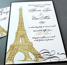 the eiffel tower is shown in gold foil on this wedding stationery card