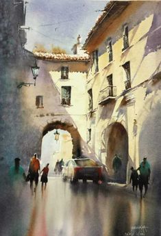 a painting of people walking down the street in an alleyway with cars and buildings on either side