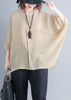 Women o neck Batwing Sleeve patchwork cotton blended clothes For Women Omychic Photography beige yellow Knee shirt Summer Linen Fashion, Fashion Sewing Pattern, Linen Top, Ladies Dress Design, Cotton Blouses, Batwing Sleeve, Bat Wings, Blouse Styles, Fashion Sewing