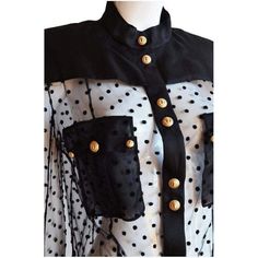 Long Sleeve Black Polka Dot Silk Shirt - Balmain - Runway Catalog Tweed Shorts, Strong Shoulders, Double Breasted Jacket, Black Polka Dot, Silk Shirt, Black Silk, High Collar, Myanmar, Black Stripes