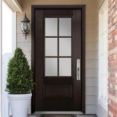 the front door to a house with a potted plant on the porch and sidelights