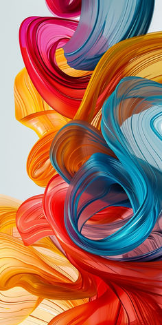 an abstract painting with multiple colors and shapes on it's side, including red, yellow, blue, and orange