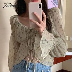 One Size:Shoulder:36cm,Bust:76cm,Length:45cm,Sleeve:67cm Female Shirts, Blouses Vintage, Women Blouses, Blouses For Women, Womens Shirts, Blouses, Lace, Long Sleeve, Green