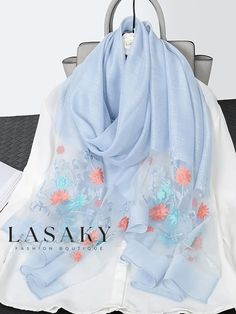 Lasaky - Exquisite Imitation Silk Scarf with Elegant Floral Embroidery Embroidery Theme, Mens Outdoor Fashion, Black Theme, Floral Decoration, Floral Fashion, Vacation Style, Elegant Floral, Pink Light, Floral Style