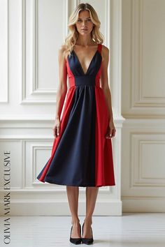 Olivia Mark - Elegant Contrast Midi Dress - Navy and Red Red Panels, Navy Midi Dress, Flowing Skirt, Fitted Bodice, Olivia Mark, Timeless Pieces, Elegant Dresses, Bodice, Navy Blue