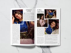 an open magazine with photos of women in blue and white shirts on it's pages