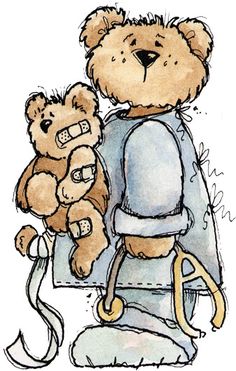 a drawing of two teddy bears sitting next to each other on a white background, one is wearing a backpack and the other has a blue shirt