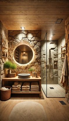 a bathroom with stone walls and a round mirror above the sink, along with towels on the floor