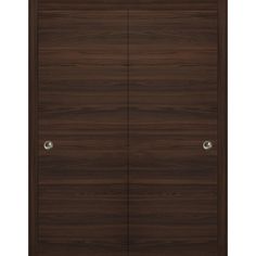 an open wooden door with metal handles on the front and side panels, in dark brown wood