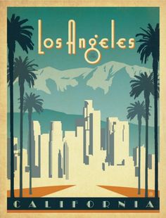 an old poster advertising the city of los angeles with palm trees and mountains in the background