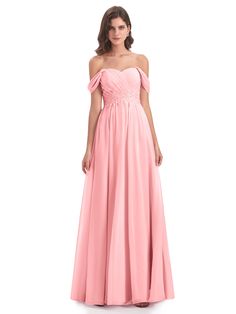 a woman in a long pink dress with an off the shoulder top and pleaed skirt