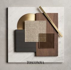 various materials are arranged on top of a marble surface with the words tosconova above them