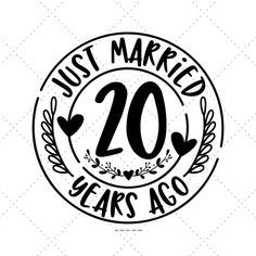 the logo for just married 20 years ago, with hearts and leaves in black on a white background