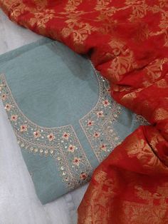 Item Overview ATHARVA Hand Embroidery Salwar Kameez w/Beautiful Embroidered Neck in Green/Banarsi Dupatta/Customized Stitching/Bridal Trousseau/ Dno. CH1297 Fabric: * Shirt: Chanderi Silk - 2.5 Mts - Green - Neck Embroidery * Dupatta: Georgette Banarsi Dupatta- 2.5 Mts - (Motifs may wary) * Bottom Santoon Silk Salwar 2.5 Mts. Excusive Hand Embroidered Party Wear Punjabi Suit. Customization: * Fabrics Customization: Designs Can be made in different Fabrics. * Color Customization: Designs Can be m Silk Thread Salwar Kameez With Dupatta For Eid, Festive Embroidered Salwar Kameez With Silk Thread, Festive Embroidered Salwar Kameez In Silk Thread, Festive Embroidered Silk Thread Salwar Kameez, Unstitched Silk Thread Salwar Kameez For Festivals, Silk Thread Anarkali Unstitched Suit, Unstitched Silk Thread Churidar For Diwali, Festive Unstitched Silk Thread Suit For Diwali, Unstitched Banarasi Silk Anarkali Set With Intricate Embroidery