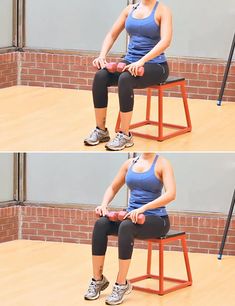 a woman sitting on top of a stool doing exercises