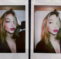 two polaroid photos of a woman with long hair and pink lipstick on her lips