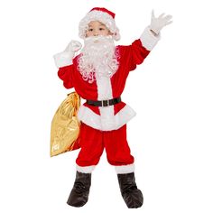 a little boy dressed as santa clause holding a gold bag and giving the peace sign