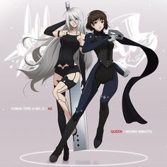 two anime characters standing next to each other with swords in their hands and wearing black outfits