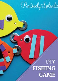 two fish made out of construction paper on a blue background with the words, diy fishing game