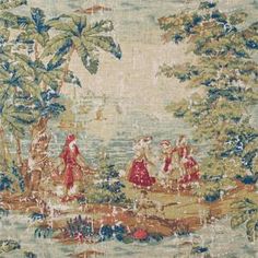 an image of a tapestry with people walking in the water and trees on it's side