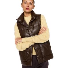 Everyone needs a chic little puffer vest and the Anders Down Vest is Brochu Walker's modern take on this forever classic. It includes those special touches like a high stand collar and grosgrain detailing on the hidden snap closure. Lightweight and down-filled, it features side seam pockets for added functionality and a slightly curved back hem that makes it always feminine. Layer it over everything as the temperatures start to cool. Runs true to size Tailored fit High stand collar Snap hidden f Marled Sweater, Sweater Vest Women, Curved Back, Down Vest, Leather Vest, Wrap Sweater, Puffer Vest, Brown Fashion, Clothes Collection