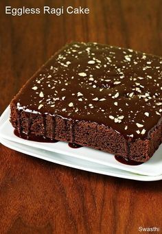 an eggless ragi cake on a white plate