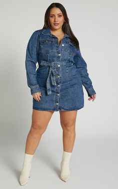 Enriquetta Mini Dress - Cotton Denim Long Sleeve Button Up Dress in Blue Denim Dress With Boots, Long Sleeve Button Up Dress, Blue Denim Dress, Trendy Denim, Denim Shirt Dress, Shirt Dress Style, Denim Mini Dress, Button Up Dress, Dress Cotton