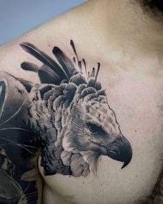 a man's chest with an eagle tattoo design on his left shoulder and right arm